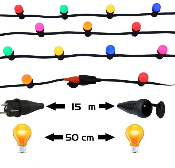 Prikkabel 15 meter 30 gekleurde LED lampen
